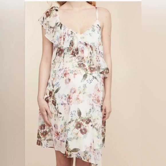 Jessica Simpson Maternity Cream Floral Asymmetrical Chiffon Ruffle Dress Size S - Picture 2 of 14